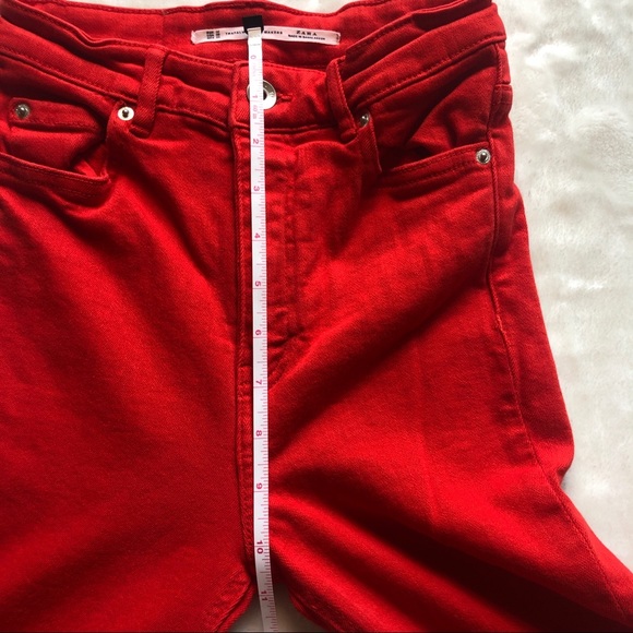ZARA Trf Red Straight Leg Jeans High Rise Ripped Raw Hem Size 2 - Picture 8 of 11